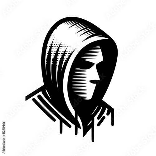 Mysterious Hooded Hacker in Black and White – Vector Illustration on Cybersecurity, Anonymity, and Digital Safety