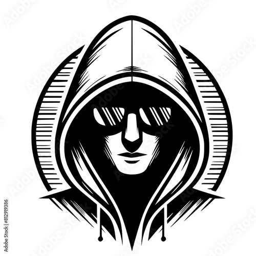 Mysterious Hooded Hacker in Black and White – Vector Illustration on Cybersecurity, Anonymity, and Digital Safety