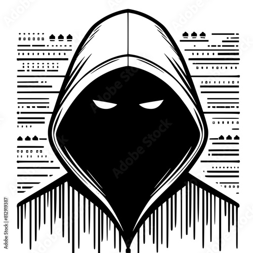 Mysterious Hooded Hacker in Black and White – Vector Illustration on Cybersecurity, Anonymity, and Digital Safety