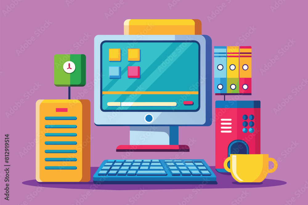 A computer monitor positioned on top of a desk, Desktop computer Customizable Cartoon Illustration A computer monitor positioned on top of a desk, Desktop computer Customizable Cartoon Illustration