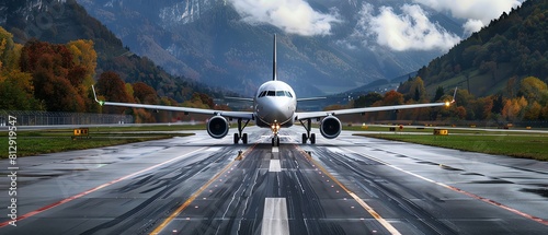 Photo of an airplane on the runway, front view, wide angle photo