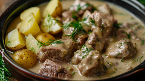 Classic beef stroganoff in a rich, creamy sauce served with boiled potatoes, garnished with fresh dill in a black ceramic bowl