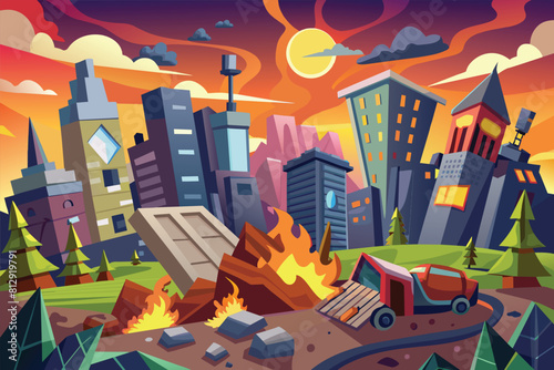 A painting depicting a city engulfed in flames at its center, Destroyed city Customizable Cartoon Illustration
