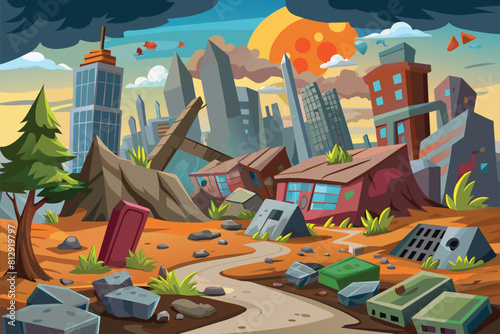 Cartoon illustration of a city with extensive rubble and destruction, Destroyed city Customizable Cartoon Illustration