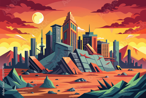A painting of a city destroyed in the desert, with buildings in disarray and sand blowing through the empty streets, Destroyed city Customizable Disproportionate Illustration