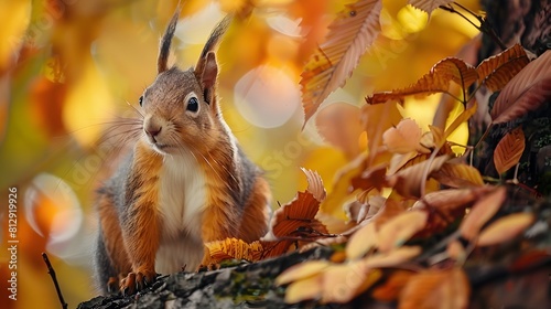 Curious Squirrel Perched on Autumn Tree Branch Surrounded by Vibrant Fall Foliage in Natural Forest Landscape