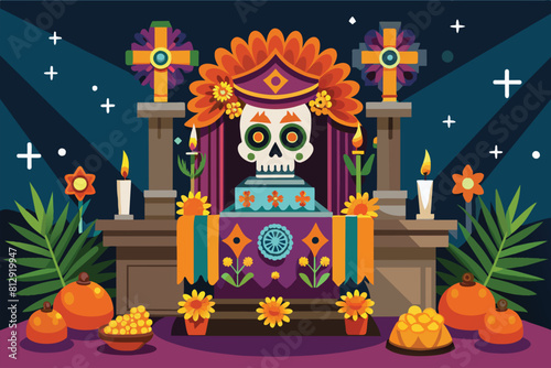 Colorful Day of the Dead altar adorned with flowers and lit candles in a festive display, Dia de muertos altar Customizable Cartoon Illustration