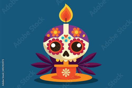 A candle with a skull on top, casting a flickering light, Dia de muertos candle Customizable Flat Illustration