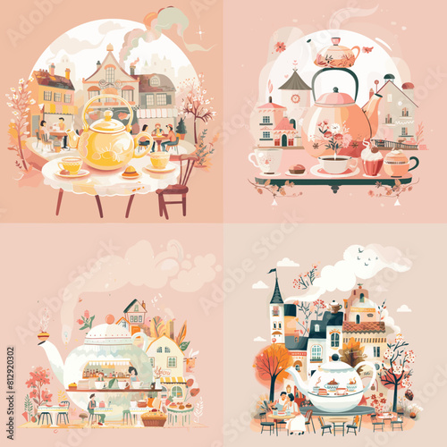 Whimsical tea party artwork featuring charming villages, oversized teapots, pastries, and cozy pastel colors, creating a dreamy and cottagecore-inspired illustration style.