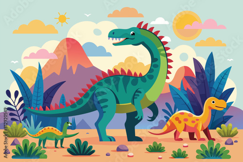 Two colorful dinosaurs standing in the desert landscape  Dinosaurs Customizable Flat Illustration