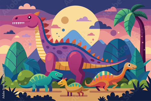 Multiple dinosaurs move through dense jungle foliage in a prehistoric scene, Dinosaurs Customizable Flat Illustration