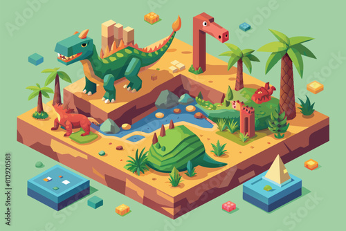 Isometric illustration featuring a dinosaur alongside various other animals in a prehistoric setting, Dinosaurs Customizable Isometric Illustration