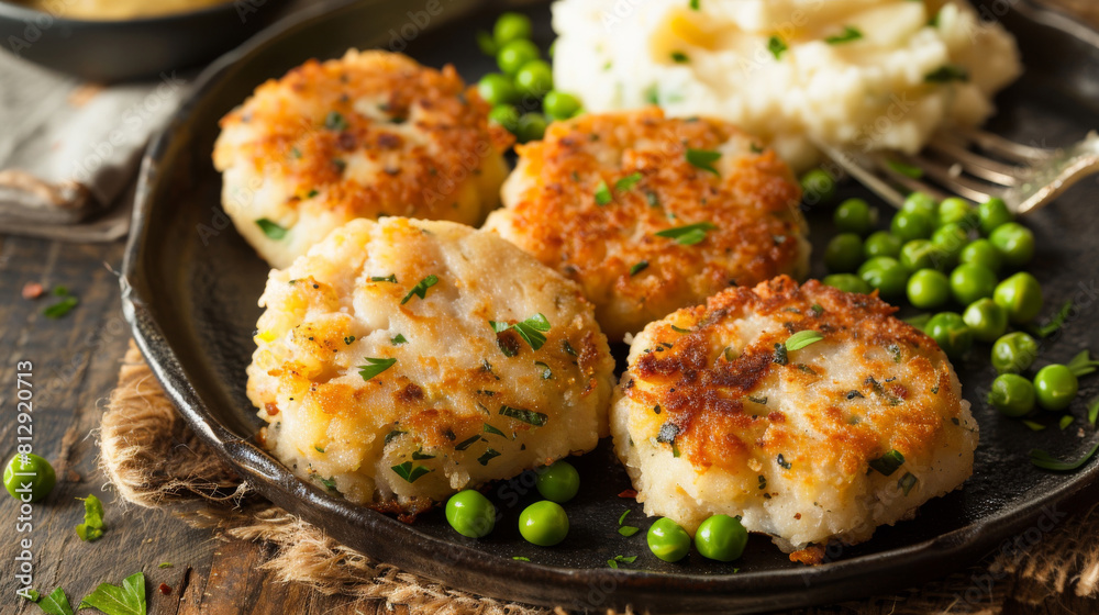 Homemade crispy fish cakes served with creamy mashed potatoes and fresh green peas, garnished with parsley in a rustic setting