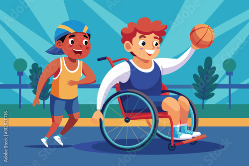 Two men playing basketball, one in a wheelchair, in a competitive sporting gesture, Disabled athletes Customizable Cartoon Illustration