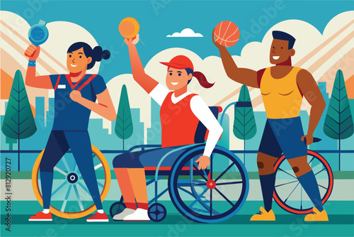 A man and a woman in wheelchairs holding a basketball, Disabled athletes Customizable Disproportionate Illustration