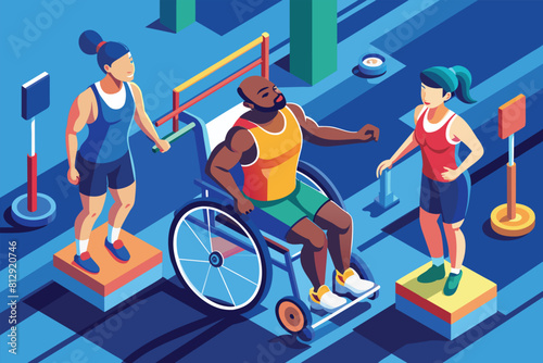 A man in a wheelchair is being pushed by a woman in an outdoor setting, Disabled athletes Customizable Isometric Illustration