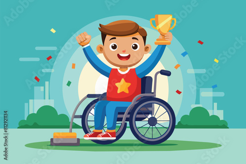 A disabled man in a wheelchair proudly holds a trophy, Disabled winner Customizable Cartoon Illustration