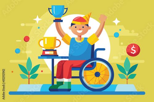 A man in a wheelchair holding a trophy for winning an event, Disabled winner Customizable Flat Illustration