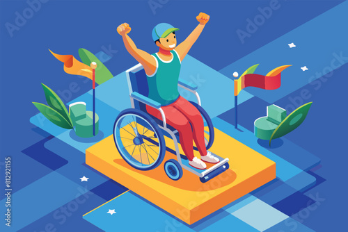 A man in a wheelchair is raising his arms in celebration, Disabled winner Customizable Isometric Illustration
