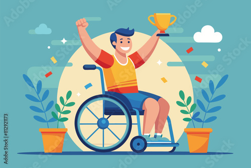 A man in a wheelchair proudly holds a trophy, celebrating his victory, Disabled winner Customizable Semi Flat Illustration