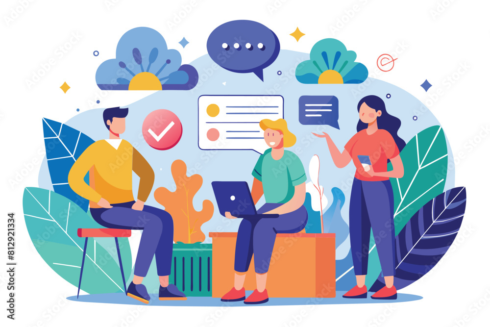Various individuals engaged in a team discussion around a laptop screen, Discussion Customizable Semi Flat Illustration Various individuals engaged in a team discussion around a laptop screen, Discussion Customizable Semi Flat Illustration