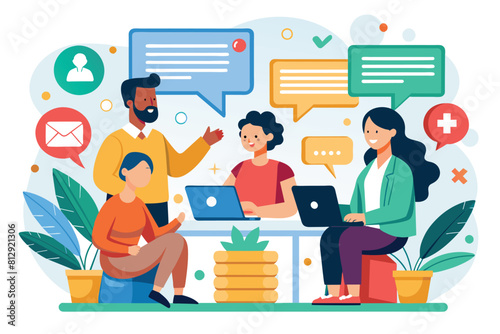 A diverse group of individuals sitting around a table, focused on their laptops and engaged in a discussion, Discussion Customizable Flat Illustration © Iftikhar alam