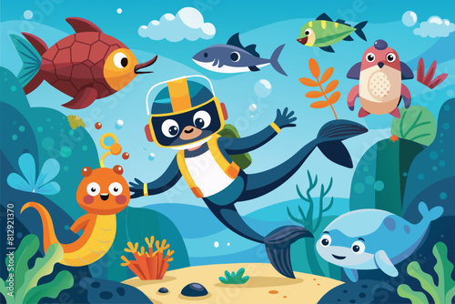 A man in a diving suit surrounded by various fish underwater, Diving with animals Customizable Cartoon Illustration