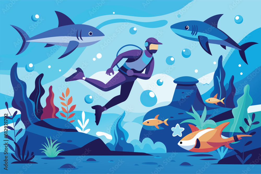 A man is scuba diving in the ocean, surrounded by a school of fish, Diving with sharks Customizable Semi Flat Illustration A man is scuba diving in the ocean, surrounded by a school of fish, Diving with sharks Customizable Semi Flat Illustration