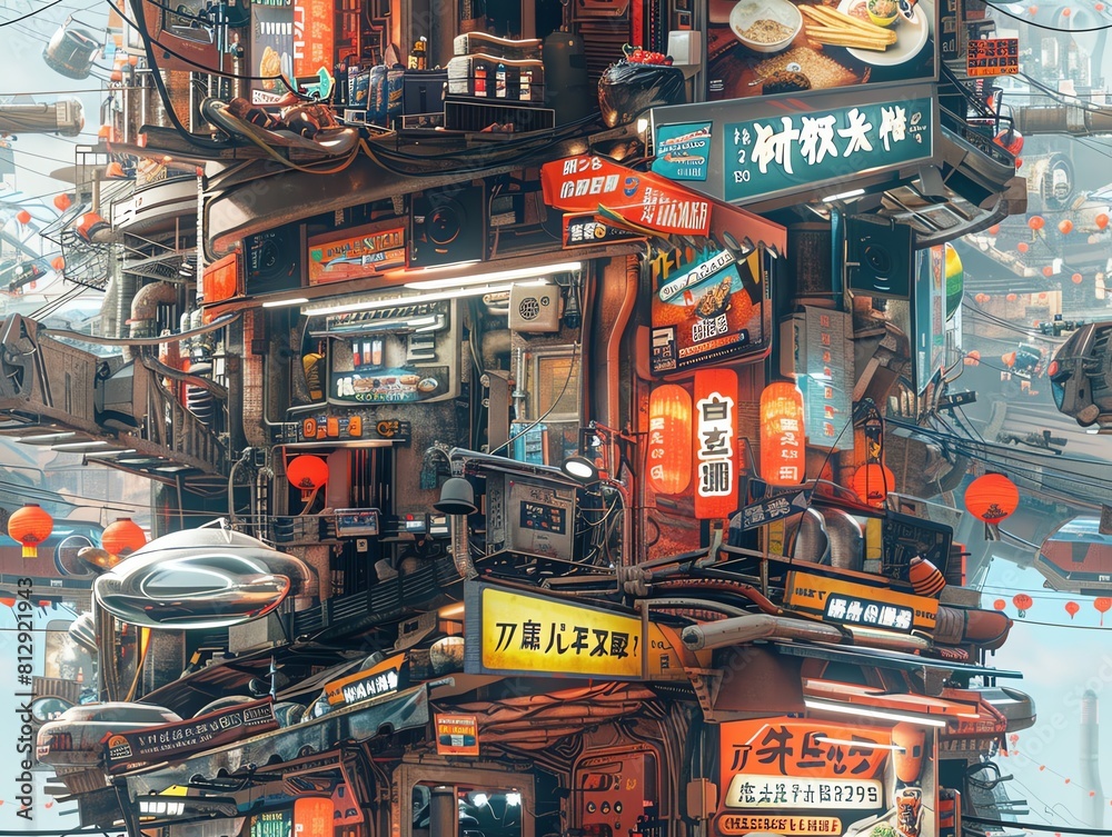Capture the chaos of a bustling dystopian marketplace Capture the chaos of a bustling dystopian marketplace
