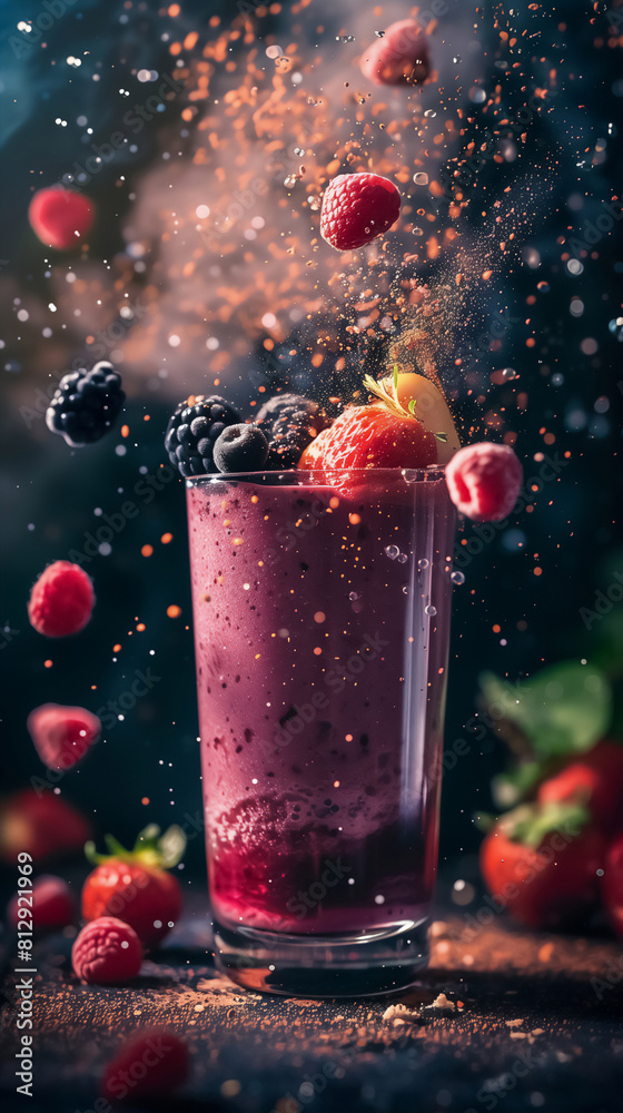 A vitamin-rich smoothie in a translucent glass ingredients floating majestically under powerful cinematic light for a hydrating effect close-up view A vitamin-rich smoothie in a translucent glass ingredients floating majestically under powerful cinematic light for a hydrating effect close-up view