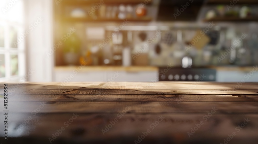 Wood table top on blurred kitchen background can be used mock up for montage products display or design layout : Generative AI