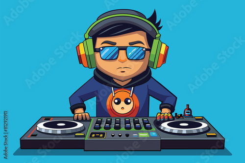 A man wearing headphones stands next to a DJ deck with another pair of headphones on top of it, Dj boy Customizable Disproportionate Illustration