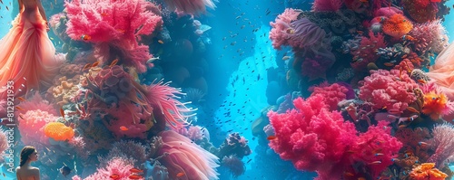 Capture the allure of deep-sea elegance with a long shot featuring a model in haute couture submerged in an underwater world of swirling neon coral and shimmering schools of fish