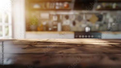 Wood table top on blurred kitchen background can be used mock up for montage products display or design layout   Generative AI