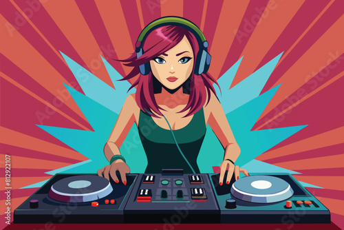 Female DJ using headphones to play music on a turntable, Dj girl Customizable Disproportionate Illustration