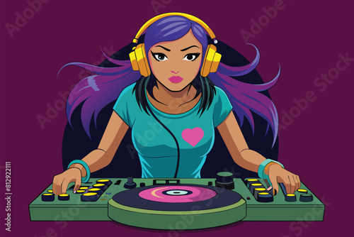 A woman with headphones is playing music on a turntable, Dj girl Customizable Disproportionate Illustration