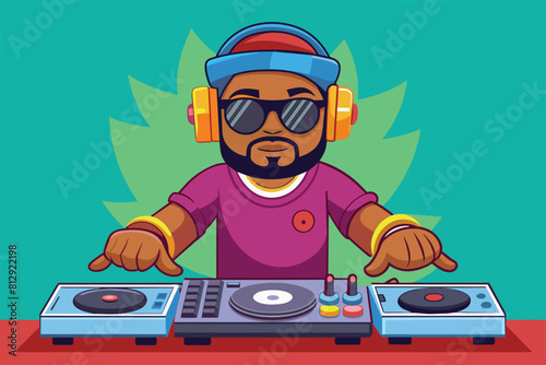 A man is using headphones and manipulating a turntable to produce music, Dj man Customizable Cartoon Illustration