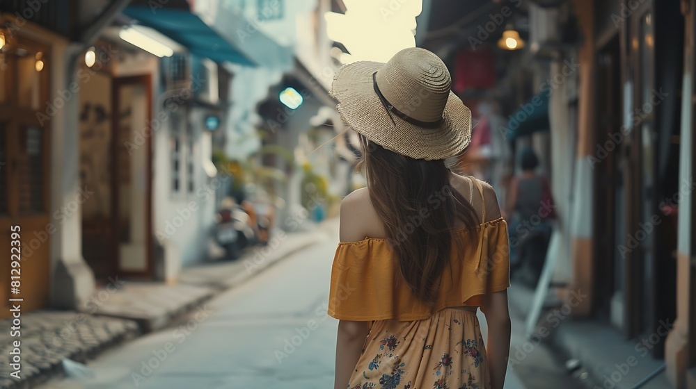 Boho girl walking on the city street Travelling in Phuket Old Town in Thailand : Generative AI