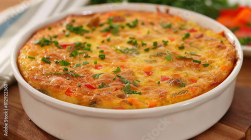 Appetizing vegetable frittata garnished with chives, freshly baked in a white dish, perfect for brunch or a nutritious meal