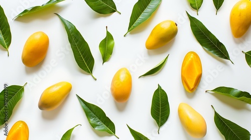 Creative layout made of mango and leaves Flat lay Food concept Mango on white background : Generative AI photo