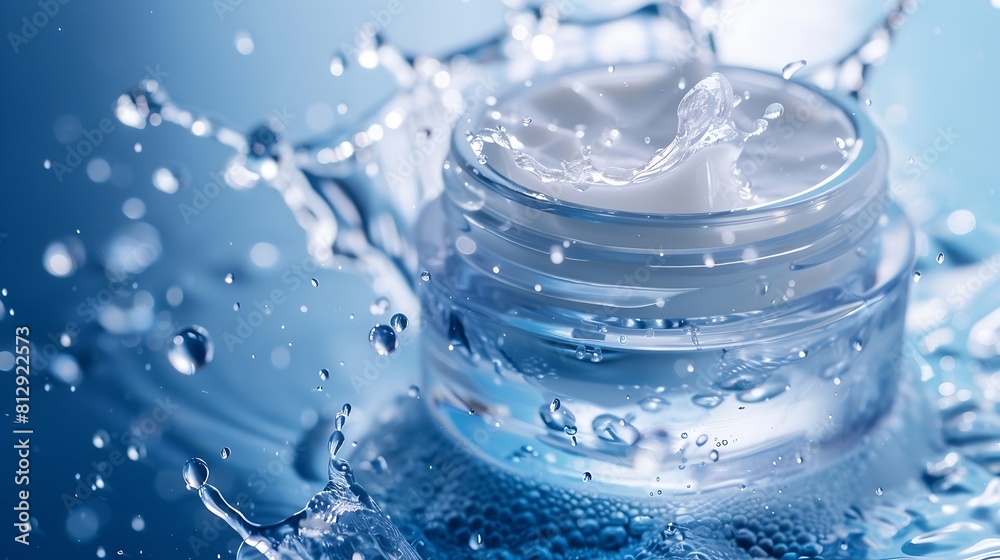 Cosmetic cream in a jar splashes and drops of water on a blue background Face body hair care : Generative AI Cosmetic cream in a jar splashes and drops of water on a blue background Face body hair care : Generative AI
