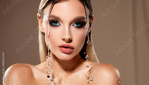 Glistening Beauty: Ethereal Moments of Aesthetic Blonde Women with Water-Adorned Faces and Hair