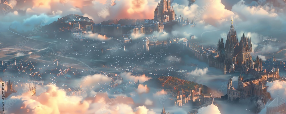 Craft a regal, castle-like citadel in a mystical fantasy realm, blending ethereal colors and intricate details to symbolize leadership in a visually stunning and grandiose manner