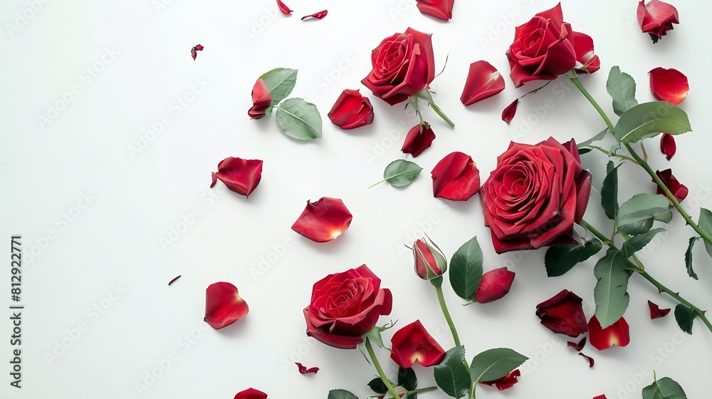 Flowers creative composition Bouquet of red roses rose plant with leaves isolated on white background Flat lay top view copy space : Generative AI Flowers creative composition Bouquet of red roses rose plant with leaves isolated on white background Flat lay top view copy space : Generative AI
