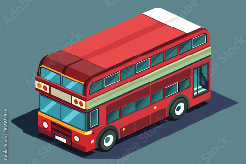 A red double decker bus is depicted on a vibrant blue background, Double decker bus Customizable Isometric Illustration