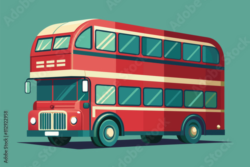 A red double decker bus is displayed on a bright blue background in this semi-flat illustration, Double decker bus Customizable Semi Flat Illustration