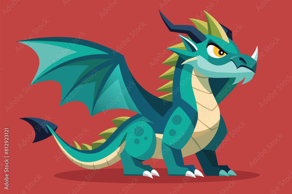 A blue and green dragon sitting on top of a red background, Dragon Customizable Flat Illustration A blue and green dragon sitting on top of a red background, Dragon Customizable Flat Illustration
