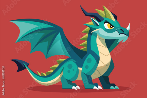 A blue and green dragon sitting on top of a red background  Dragon Customizable Flat Illustration