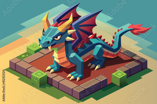 A blue dragon perched on a piece of paper in a customizable isometric illustration, Dragon Customizable Isometric Illustration