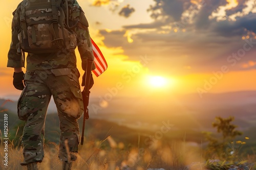  Soldier and USA flag on sunrise background .Concept National holidays   Flag Day  Veterans Day  Memorial Day  Independence Day  Patriot Day   
